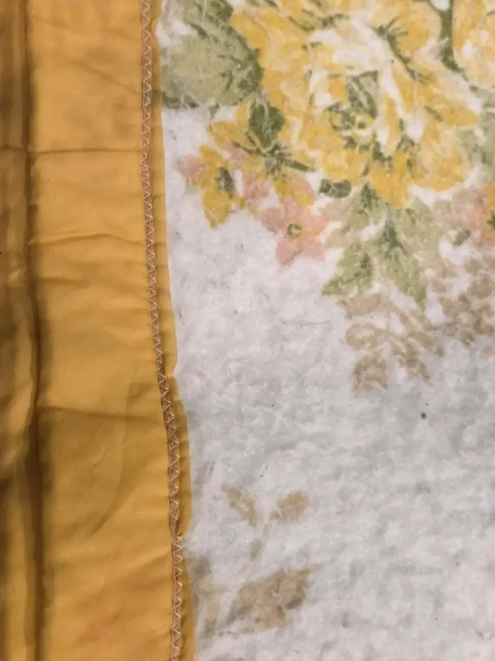 2 Vtg Floral Thermal Blankets Yellow Satin Trim 89x70 Twin Handmade 70s Groovy
